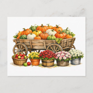 Watercolor herfstkar met pompoenen, bloemen briefkaart