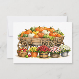 Watercolor herfstkar met pompoenen, bloemen kaart