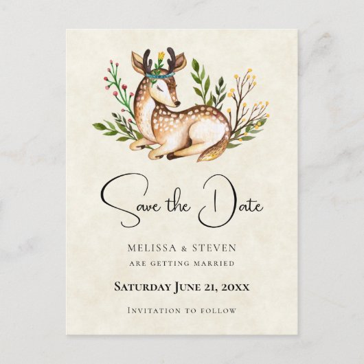 Watercolor Herten Liggen Boho Save the Date Uitnodiging Briefkaart (Voorkant)