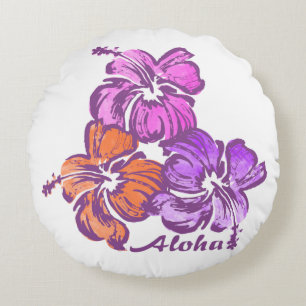 Watercolor Hibiscus Hawaiiaans Bloemmotief Omkeerb Rond Kussen