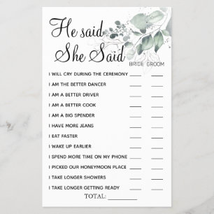 Watercolor Hij zei Zij zei shower spelkaart Flyer