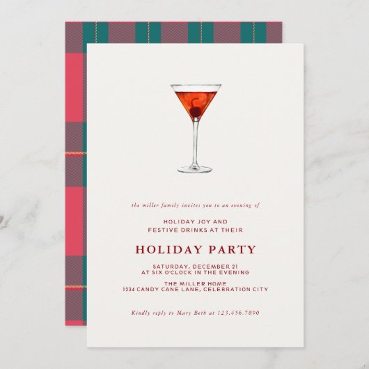 Watercolor Holiday Cocktail Noël Invitation de fêt (Devant / Derrière)