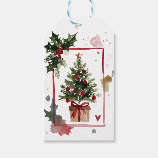 Watercolor Holly Berries Christmas Tree Holiday Cadeaulabel (Voorkant)