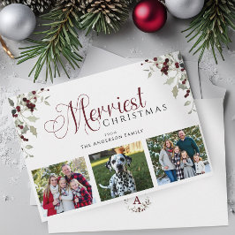 Watercolor Holly Berry Family Photo Christmas Card Feestdagenkaart