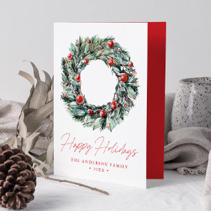 Watercolor Holly Berry & Greenery Wreath Non-Photo Feestdagen Kaart