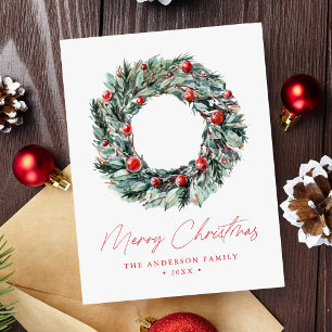 Watercolor Holly Berry & Greenery Wreath Non-Photo Feestdagenkaart