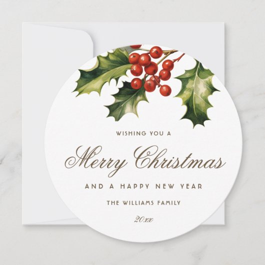 Watercolor Holly Red Berries Elegant Feestdagenkaart (Voorkant)