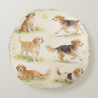 Watercolor Honden Bloemengebouwen Kwartet Rond Kussen