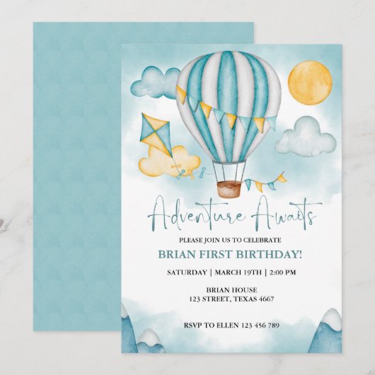 Watercolor Hot Air Balloon Invitation Anniversaire (Devant / Derrière)