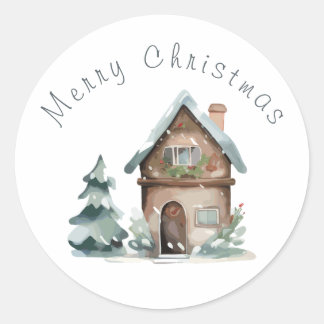 Watercolor Huis Kerst Ronde Sticker