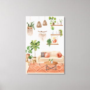 Watercolor Huisplanten in Boheemse Stijl Huis Canvas Afdruk