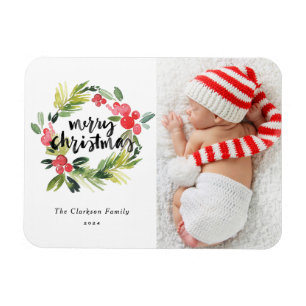 Watercolor Hulst Krans Foto Prettig Kerstfeest Magneet