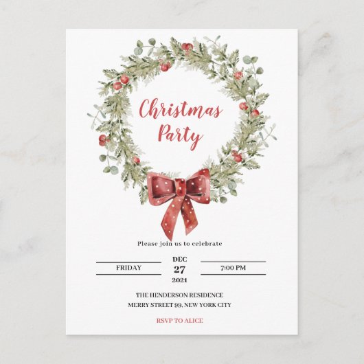 Watercolor Hulst Krans Kerstfeest Uitnodiging (Voorkant)