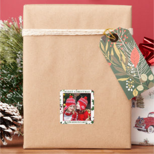 Watercolor hulst vrolijk kerstgezin foto vierkante sticker
