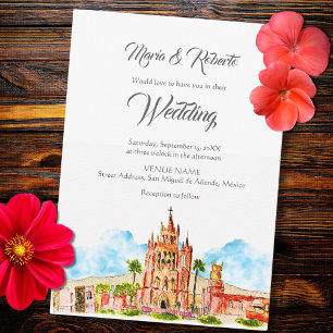 Watercolor Huwelijk San Miguel de Allende Kerk Kaart