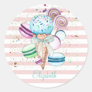 Watercolor ijs,Macarons,Roze Strepen Ronde Sticker