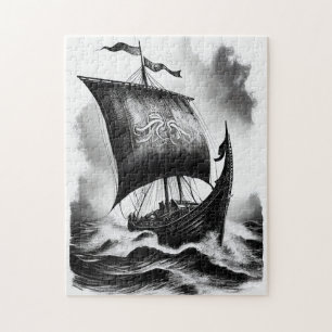 Watercolor inktpotlood van Vikings dragenschip Legpuzzel