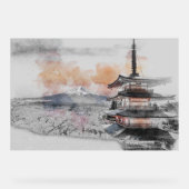 Watercolor Japanese Pagoda & Mt. Fuji  Acryl Bord (Voorkant)