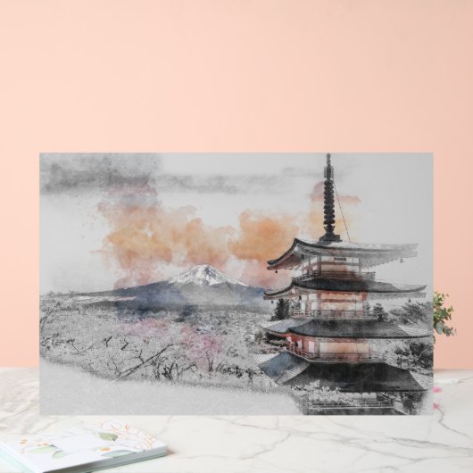 Watercolor Japanese Pagoda & Mt. Fuji  Acryl Bord (Huwelijk)