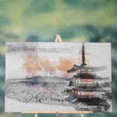 Watercolor Japanese Pagoda & Mt. Fuji  Acryl Bord (Neutraal)
