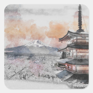 Watercolor Japanse Pagode & Mt. Fuji Vierkant Vierkante Sticker