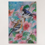 Watercolor Jigsaw Puzzle Spring Birds<br><div class="desc">Bruants mignons Oiseaux de printemps Puzzles MIGNED Aquarelle Peinture</div>