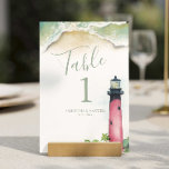 Watercolor Jupiter Lighthouse Numéro de table<br><div class="desc">Conçu pour se coordonner avec la suite de papeterie mariage Jupiter du phare de Do Tell A Belle, ce numéro de table à thème de la plage propose une reproduction de mon aquarelle originale dans les tons rouge, turquoise et vert avec votre numéro de table, les noms et la date...</div>