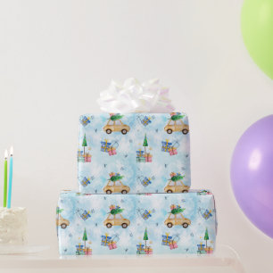 Watercolor Kerst Auto en Cadeaus Vakantiepatroon Cadeaupapier