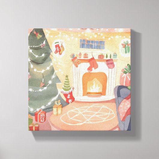 Watercolor Kerst Haard Canvas Afdruk (Voorkant)