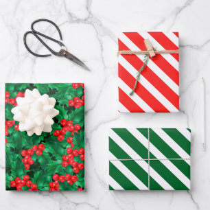 Watercolor Kerst Hulst Inpakpapier Set van 3 Vel