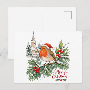 Watercolor Kerst Robin met Hulst en Sneeuw Briefkaart