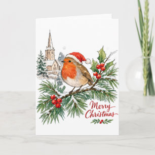 Watercolor Kerst Robin met Hulst en Sneeuw  Kaart