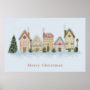 Watercolor Kerst Village Prettig Kerstfeest Blauw Poster