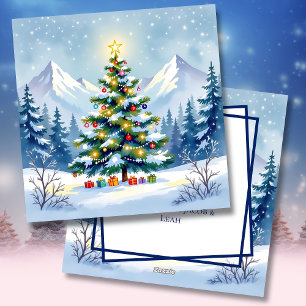 Watercolor Kerstboom in de Bergen Feestdagenkaart