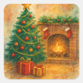 Watercolor Kerstboom & Koele Haard Oudejaarsavond Vierkante Sticker