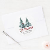Watercolor Kerstboom met Kardinaal Ronde Sticker (Envelop)
