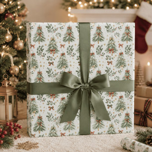 Watercolor Kerstboom & Strik Inpakpapier