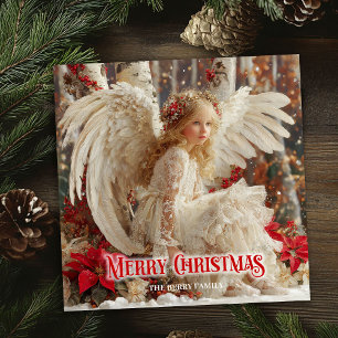 Watercolor Kerstengel rode poinsettia's chic Feestdagenkaart