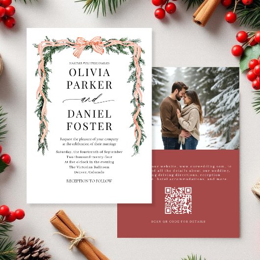 Watercolor Kerstgroen QR-code Foto Strik Kaart
