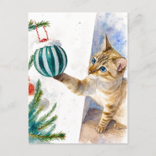 Watercolor Kerstkat met Ornament Kerstkaart Feestdagenkaart