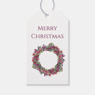 Watercolor kerstkrans met bessen cadeaulabel