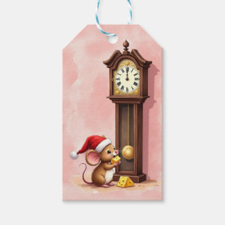 Watercolor Kerstman Muis met een Staande Klok Cadeaulabel