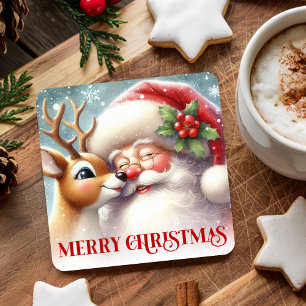 Watercolor Kerstman Rudolph Prettig Kerstmis Onder Vierkante Kartonnen Onderzetter