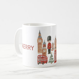 Watercolor Kerstmis in Londen Rode Bus, Big Ben Koffiemok