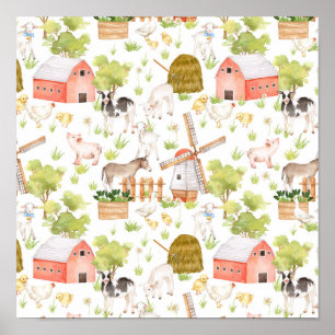 Watercolor kinderkamer boerderij land dieren poster