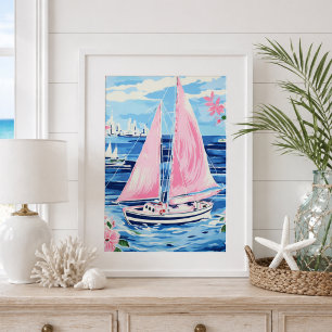Watercolor Kleurrijk Roze Zeilboot Kustblauw Poster