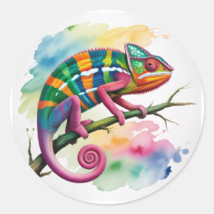 Watercolor Kleurrijke Kameleon Verjaardagsfeestje Ronde Sticker