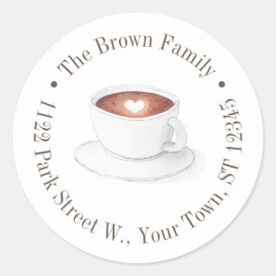 Watercolor koffiekop met hart retouradres ronde sticker