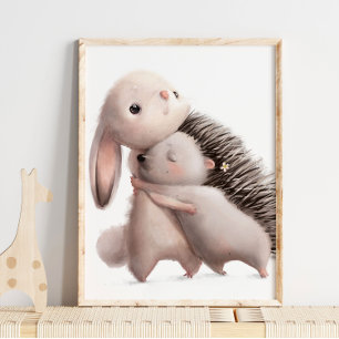 Watercolor Konijn Egel Knuffels Konijn Muurprint Poster