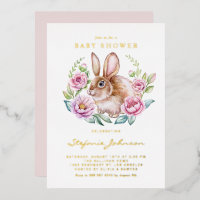Watercolor Konijn en Roze Bloemen Baby Shower